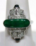 Art Deco Imperial Jade/Diamond/Sapphire Ring